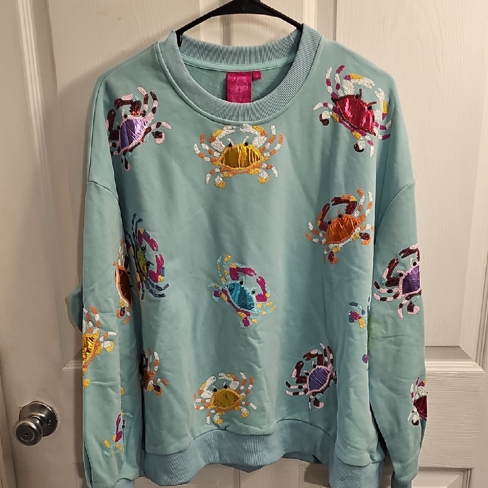 QUEEN OF SPARKLES Aqua Crab Embroidered Sweater